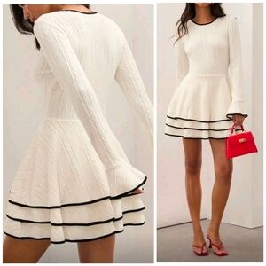 New Contrast Trim Tiered Ruffle Mini Dress Long Sleeve Ivory Cream Black